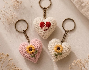 Crochet Heart Keychain Pattern | Sunflower, Broken Heart Amigurumi Tutorial (PDF Download)