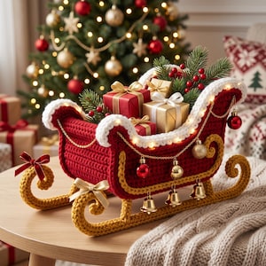 Op de afbeelding: Een decoratieve gehaakte arrenslee in dieprood met gouden randen, witte garen afwerking en geïntegreerde kerstverlichting. De slee is gevuld met kleine ingepakte cadeautjes, dennentakken en rode bessen, versierd met hangende gouden belletjes en kerstballen.