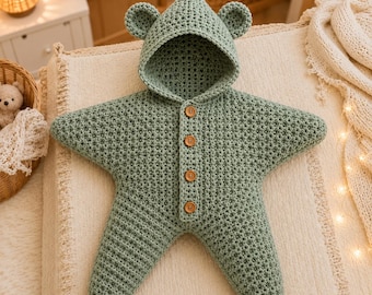 Crochet Baby Star Suit Pattern | Bear Ear Hood Onesie, 6-7 Month Baby Wrap Baby blanket crochet patterns (PDF Download)
