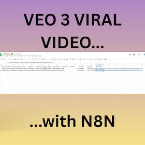 Puede incluir: Una captura de pantalla de una hoja de c&aacute;lculo con el texto "VEO 3 VIRAL VIDEO..." en letras moradas grandes en la parte superior. El texto "...with N8N" est&aacute; en la parte inferior. La hoja de c&aacute;lculo contiene datos y URL.
