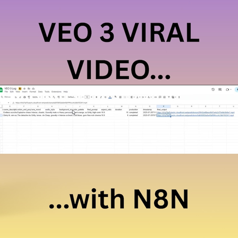 Puede incluir: Una captura de pantalla de una hoja de c&aacute;lculo con el texto "VEO 3 VIRAL VIDEO..." en letras moradas grandes en la parte superior. El texto "...with N8N" est&aacute; en la parte inferior. La hoja de c&aacute;lculo contiene datos y URL.