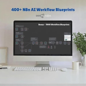 May include: A computer monitor showing a workflow diagram with the text "400+ N8n AI Workflow Blueprints" and "Bonus - 1000 Workflow Blueprints." A white keyboard, mouse, and mug are on a white desk.