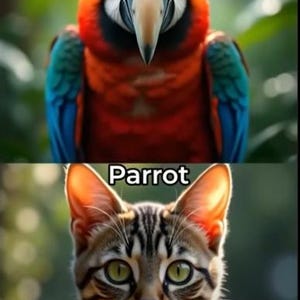 May include: A vibrant image featuring a colorful parrot with red, blue, and green plumage, and a tabby cat with green eyes. The word "Parrot" is displayed in white text.