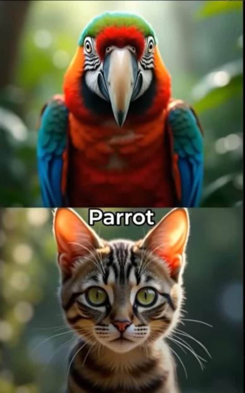 May include: A vibrant image featuring a colorful parrot with red, blue, and green plumage, and a tabby cat with green eyes. The word "Parrot" is displayed in white text.