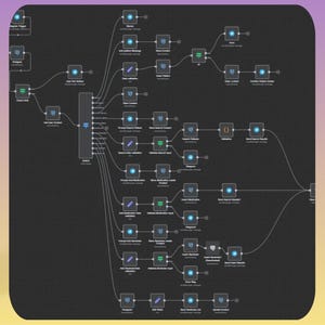 May include: A diagram with a dark background and a gradient border. The diagram features interconnected nodes and lines, representing a workflow or process. The nodes are various shapes and colors, with text labels indicating their function.