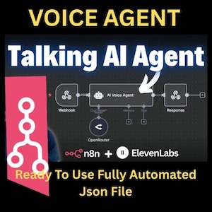 Puede incluir: Gráfico con el texto "VOICE AGENT" y "Talking AI Agent". Presenta un diagrama de un agente de voz de IA con componentes como Webhook, Memory y Response. También está presente el texto "Ready To Use Fully Automated Json File".