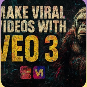 Puede incluir: Gr&aacute;fico promocional con el texto "MAKE VIRAL VIDEOS WITH VEO 3". El texto est&aacute; en una fuente desgastada y texturizada. Una gran figura simiesca est&aacute; en el lado derecho. Dos cuadrados de colores con letras est&aacute;n en la parte inferior.