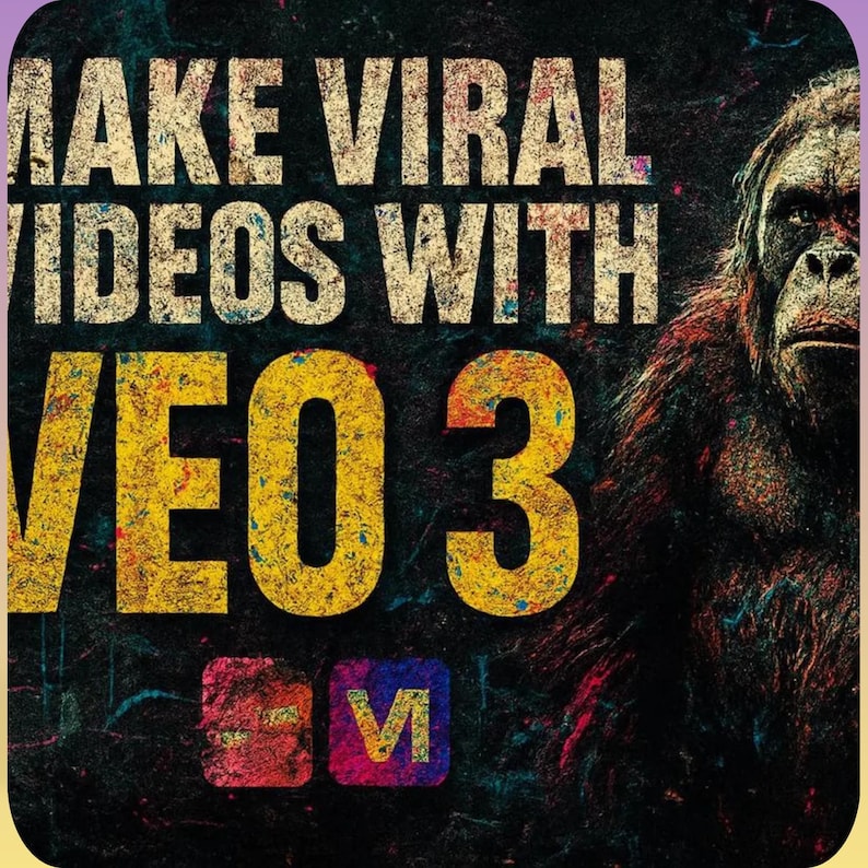 Puede incluir: Gr&aacute;fico promocional con el texto "MAKE VIRAL VIDEOS WITH VEO 3". El texto est&aacute; en una fuente desgastada y texturizada. Una gran figura simiesca est&aacute; en el lado derecho. Dos cuadrados de colores con letras est&aacute;n en la parte inferior.
