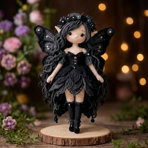 May include: A handmade crochet fairy doll in a black dress, wings, and hair. The doll has a delicate face and is standing on a wooden slice. The background features blurred bokeh lights and flowers. The doll's height is approximately 15 cm.