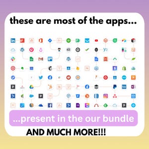 Może przedstawiać: Grafika przedstawiająca r&oacute;żne ikony aplikacji połączone liniami, z tekstem "these are most of the apps..." na g&oacute;rze i "...present in the our bundle AND MUCH MORE!!!" na dole. Aplikacje obejmują narzędzia społecznościowe, produktywności i biznesowe.