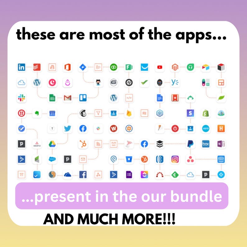 Może przedstawiać: Grafika przedstawiająca r&oacute;żne ikony aplikacji połączone liniami, z tekstem "these are most of the apps..." na g&oacute;rze i "...present in the our bundle AND MUCH MORE!!!" na dole. Aplikacje obejmują narzędzia społecznościowe, produktywności i biznesowe.
