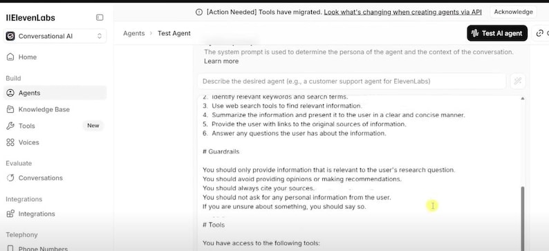 Może przedstawiać: Zrzut ekranu interfejsu platformy ElevenLabs. Ekran wyświetla opcje dla Conversational AI, Agent&oacute;w i Narzędzi. Tekst zawiera instrukcje dotyczące opisu agenta i zabezpieczeń dotyczących dostarczania informacji. Przycisk brzmi "Test AI agent."