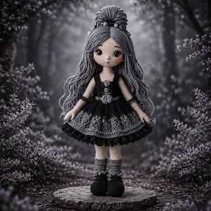 Puede incluir: Una muñeca de ganchillo hecha a mano con pelo largo gris y un vestido negro con detalles de encaje gris. La muñeca tiene un moño en la parte superior de la cabeza y lleva calcetines grises y zapatos negros. Está de pie sobre una piedra en un entorno forestal.