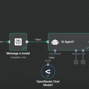 Może przedstawiać: Schemat przepływu pracy z połączonymi węzłami na ciemnym tle. Węzły obejmują "Webhook", "Message a model", "AI Agent!" i "Respond to Webhook". Etykiety tekstowe i strzałki wskazują przepływ danych i działania.