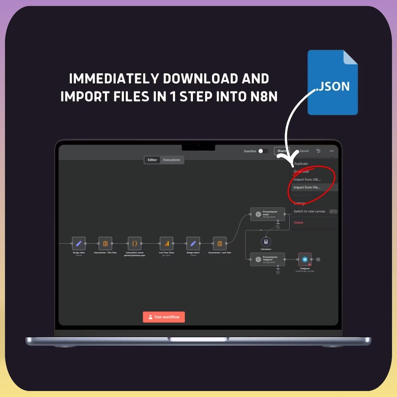 Puede incluir: Una pantalla de port&aacute;til muestra un diagrama de flujo de trabajo con el texto "DESCARGA E IMPORTA ARCHIVOS INMEDIATAMENTE EN 1 PASO EN N8N." Un icono de archivo JSON azul est&aacute; en la esquina superior derecha. Se muestran las opciones "Importar desde URL" e "Importar desde archivo".