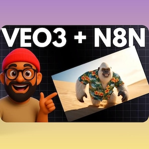 Puede incluir: Imagen de dibujos animados con un hombre sonriente con gafas y gorro rojo se&ntilde;alando una imagen de un simio blanco con una camisa hawaiana. El texto "VEO3 + N8N" se muestra arriba.