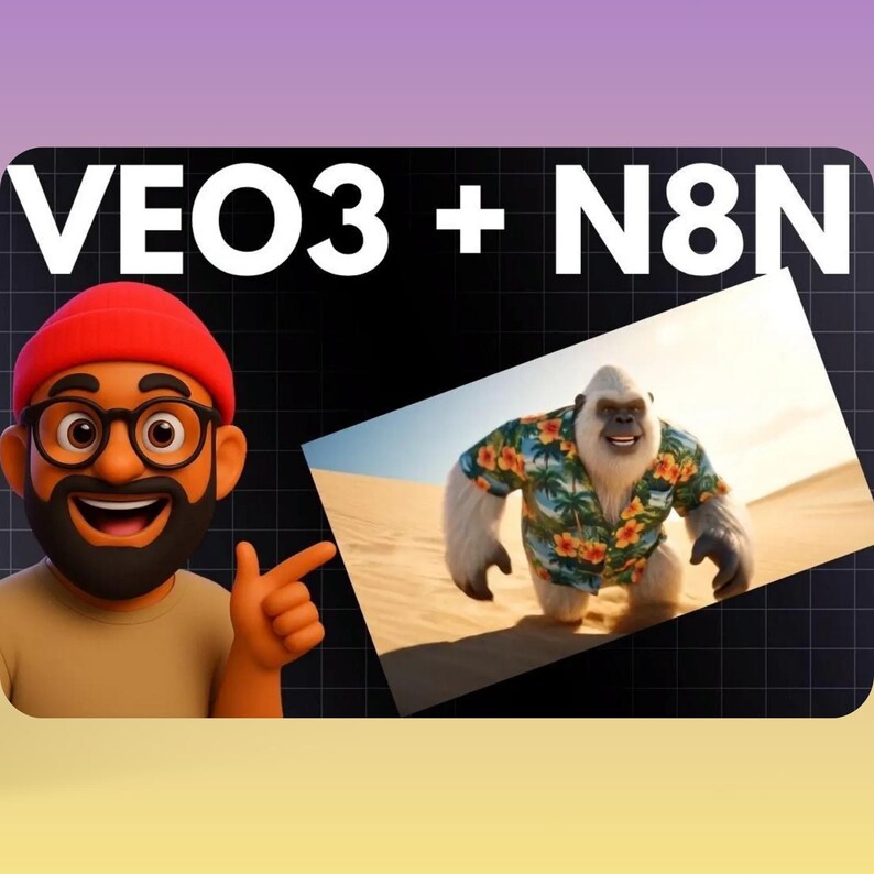 Puede incluir: Imagen de dibujos animados con un hombre sonriente con gafas y gorro rojo se&ntilde;alando una imagen de un simio blanco con una camisa hawaiana. El texto "VEO3 + N8N" se muestra arriba.