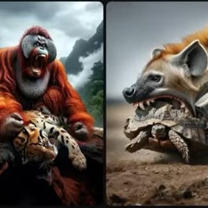 May include: A series of four digital art images featuring wildlife. A black panther stands over a white wolf, an orangutan holds a tiger, a hyena bites a turtle, and a mammoth stands near a polar bear.