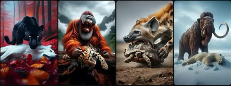 May include: A series of four digital art images featuring wildlife. A black panther stands over a white wolf, an orangutan holds a tiger, a hyena bites a turtle, and a mammoth stands near a polar bear.