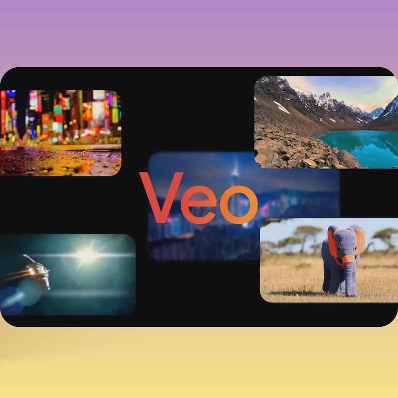 Puede incluir: Un collage digital con diversas escenas: luces de la ciudad reflejadas en pavimento mojado, un paisaje monta&ntilde;oso con un lago, una nave espacial con destello de lente, la aurora boreal y un peque&ntilde;o elefante con detalles en naranja. La palabra "Veo" est&aacute; en el centro.