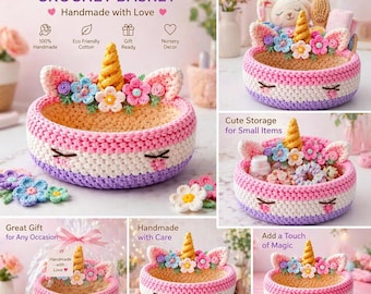 Cesta de ganchillo de unicornio, cesta de almacenamiento hecha a mano, organizador para guardería, decoración adorable para la habitación de los niños, cesta de regalo.