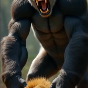 May include: A digitally created image of a gorilla standing over a lion. The gorilla is dark gray with a light gray face and is baring its teeth. The lion has a golden mane and is lying on the ground.