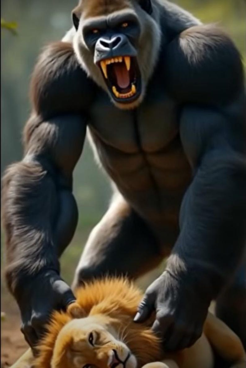 May include: A digitally created image of a gorilla standing over a lion. The gorilla is dark gray with a light gray face and is baring its teeth. The lion has a golden mane and is lying on the ground.