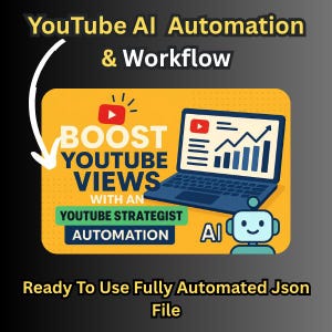 Puede incluir: Una imagen promocional para la automatización y el flujo de trabajo de YouTube AI. Presenta una computadora portátil que muestra una interfaz de YouTube, un robot y el texto "BOOST YOUTUBE VIEWS". La imagen también incluye el texto "Ready To Use Fully Automated Json File".