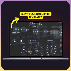 May include: A silver laptop displays a complex diagram with interconnected nodes and lines, showcasing automation templates. The screen features the text "EASY TO USE AUTOMATION TEMPLATES" with a yellow arrow pointing towards the screen.