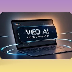 Puede incluir: Un ordenador port&aacute;til con el logotipo de Google. La pantalla muestra el texto "VEO AI VIDEO GENERATOR" en blanco sobre un fondo azul oscuro. El port&aacute;til est&aacute; sobre un fondo degradado.