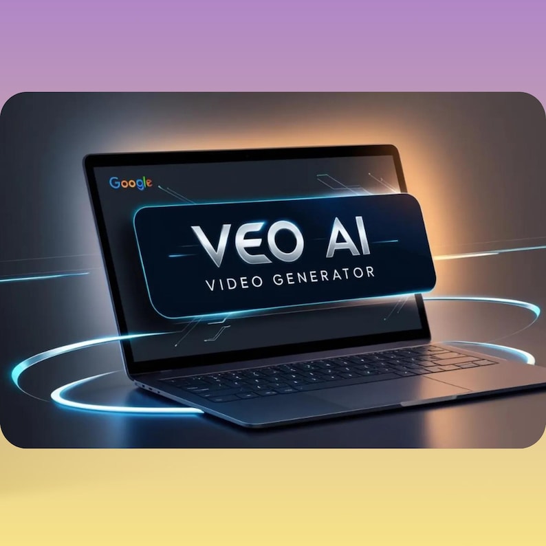 Puede incluir: Un ordenador port&aacute;til con el logotipo de Google. La pantalla muestra el texto "VEO AI VIDEO GENERATOR" en blanco sobre un fondo azul oscuro. El port&aacute;til est&aacute; sobre un fondo degradado.