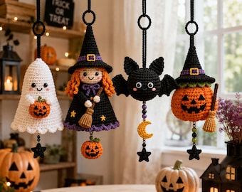 4-IN-1 Halloween Crochet Pattern Bundle | Ghost, Witch, Bat & Pumpkin Hanging Ornaments | Easy PDF Crochet Pattern | Halloween Decor