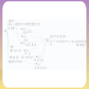 Może przedstawiać: Złożony diagram z połączonymi węzłami i liniami, renderowany w odcieniach szarości i bieli. Projekt zawiera r&oacute;żne kształty i symbole, sugerujące przepływ danych lub mapę proces&oacute;w. Tło to gradient fioletu i ż&oacute;łci.
