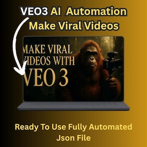 Op de afbeelding: Een laptopscherm toont de tekst "MAKE VIRAL VIDEOS WITH VEO 3" met een afbeelding van een orang-oetan die een camera vasthoudt. De tekst "VEO3 AI Automation Make Viral Videos" staat bovenaan. De onderste tekst luidt "Ready To Use Fully Automated Json File."