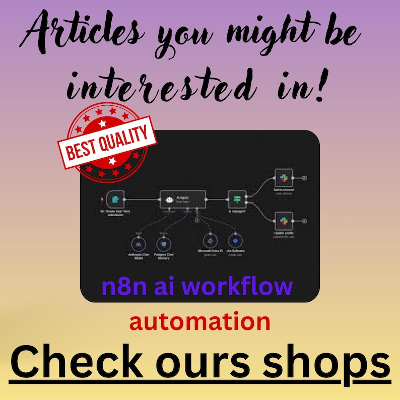 Może przedstawiać: Obraz z tekstem "Articles you might be interested in!" i "Check ours shops". Czarny prostokąt wyświetla diagram przepływu pracy z tekstem "n8n ai workflow" i "automation". Obecna jest r&oacute;wnież odznaka "Best Quality".