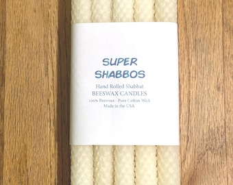 Beeswax Shabbat candles - Super Shabbos - Judaica - White / Ivory Beeswax , Set of 10 - 8"X3/4" Taper Candles- Kosher, Dripless,Perfect burn