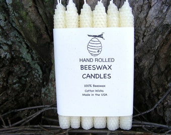 Hand Rolled Beeswax Candles - One Dozen (Set of 12) - 8" Tapers - White (Ivory) Beeswax, Dripless , Perfect burn, Pure, honeycomb, honeywax