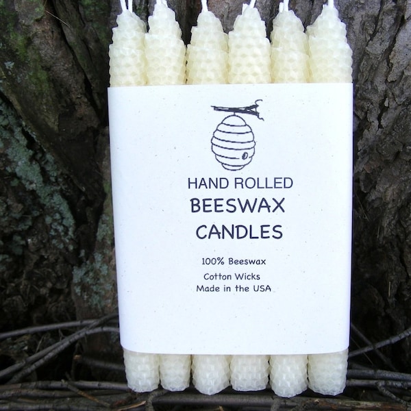 Hand Rolled Beeswax Candles - One Dozen (Set of 12) - 8" Tapers - White (Ivory) Beeswax, Dripless , Perfect burn, Pure, honeycomb, honeywax