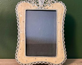 Marbled Enamel Photo Frame: Floral Filigree & Crystal Details