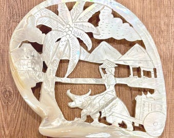 Antique Hand-Carved Mother of Pearl Shell Art: Tropical Village Scene