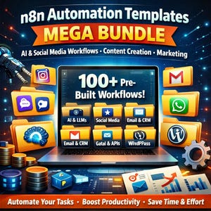 Puede incluir: Gráfico digital que promociona n8n Automation Templates MEGA BUNDLE. La imagen presenta una computadora portátil que muestra "100+ Pre-Built Workflows!" con iconos para IA, redes sociales, correo electrónico y CRM. El texto incluye "Automate Your Tasks, Boost Productivity, Save Time & Effort."