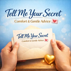 Puede incluir: Imagen con el texto "Tell Me Your Secret" y "Comfort & Gentle Advice". Una mano sostiene un sobre abierto con el mismo texto. Un corazón dorado está sobre una superficie de madera.