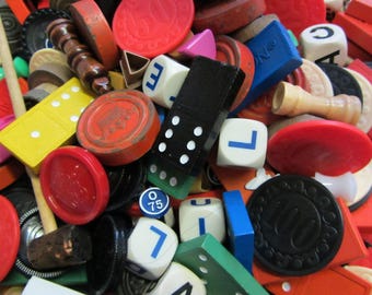 24 Vintage Game Pieces, Colorful Mixed Media Supplies