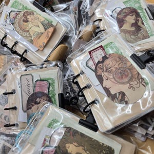 May include: A collection of small, clear plastic binder notebooks featuring vintage-style illustrations of women on the covers. Each notebook is secured with a black metal binder clip and contains various paper ephemera, including playing cards.