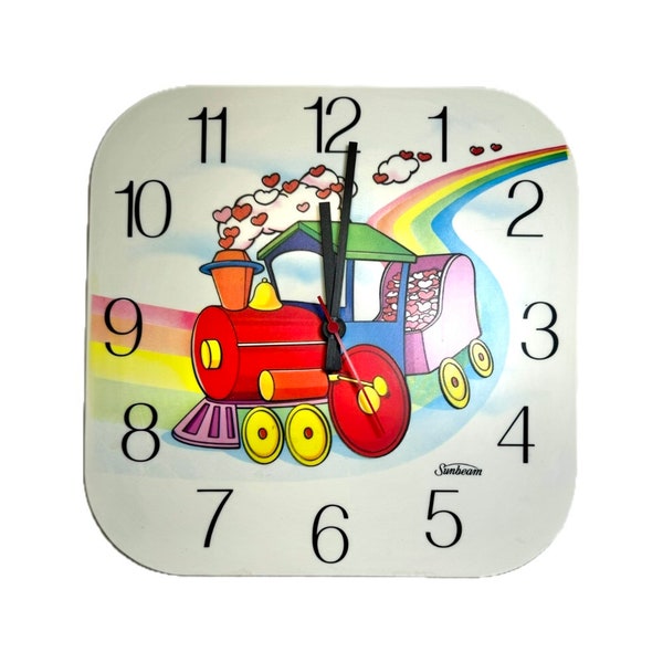 Vintage 1980’s Sunbeam Adorable Rainbow Love Train 11 Inch Wall Clock Super Cute Kids Bedroom Decor Testing Working