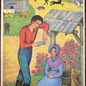 Charming 1962 Americana Folk Art Print – Rural Scene with Flowers & Village Life