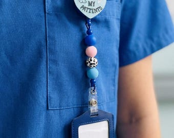 Retractable Nurse ID Badge Reel - I Love My Patients with Blue ID Card Holder