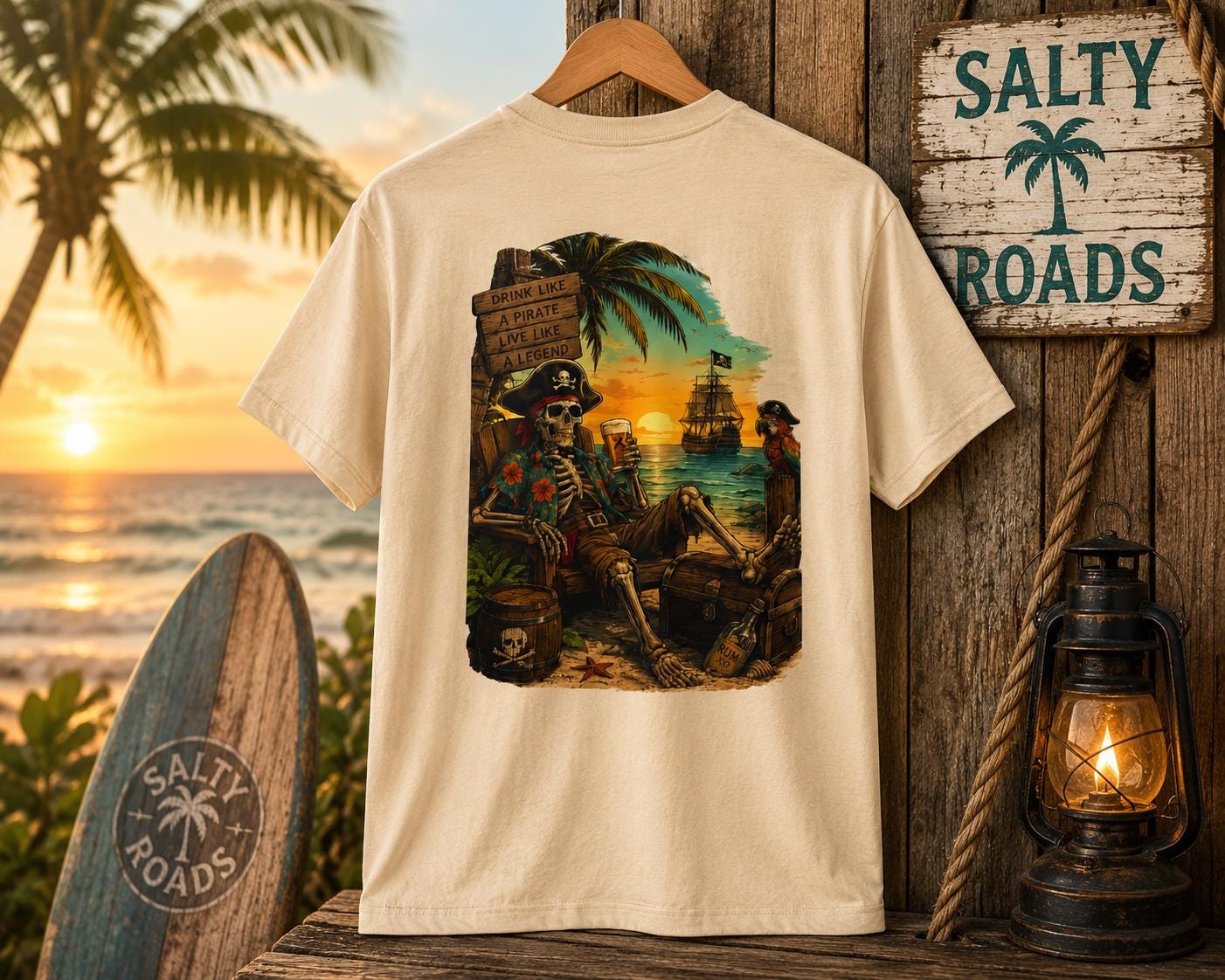 Drink Like a Pirate - Salty Roads Pirate Sunset Tee view 3