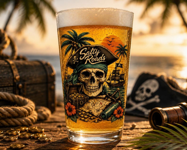 May include: A clear glass filled with golden beer featuring a colorful graphic of a skull wearing a pirate hat, palm trees, a treasure chest, a map, and a ship. The text Salty Roads is printed in a stylized font above the skull illustration.
