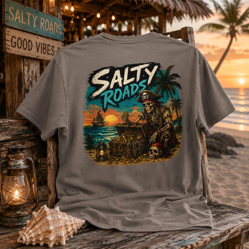 Puede incluir: Una camiseta gris con un estampado gr&aacute;fico de un esqueleto pirata sentado en una playa junto a un cofre del tesoro, un farol y palmeras al atardecer. El texto SALTY ROADS est&aacute; impreso en una fuente estilizada sobre la ilustraci&oacute;n del esqueleto.